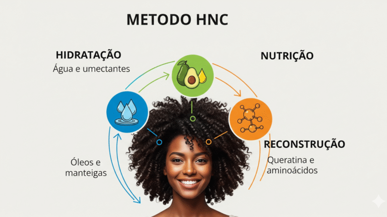 Método HNC cronograma capilar com mulher negra de cabelos cacheados explicando hidratação nutrição e reconstrução