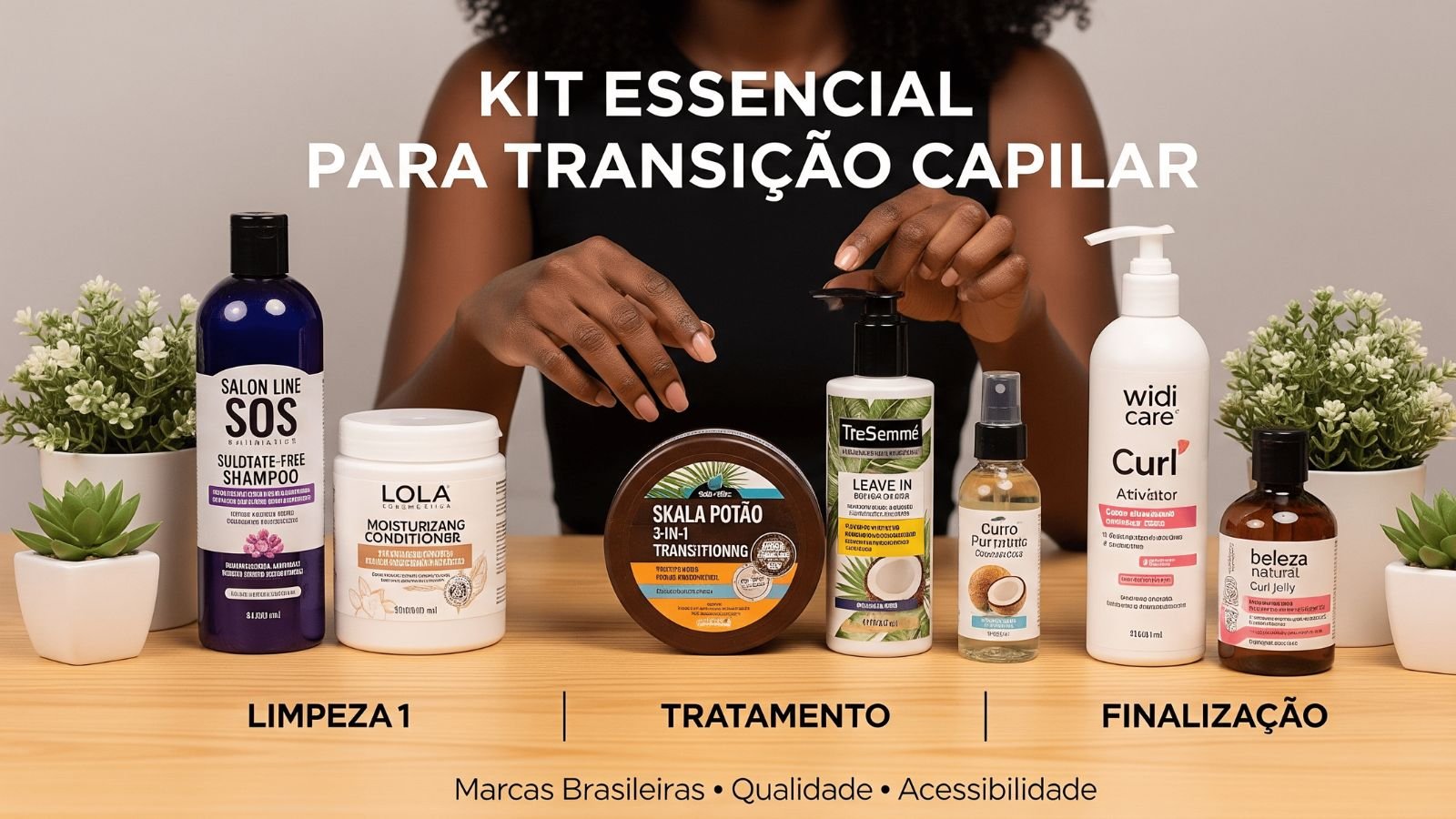 Kit essencial para transição capilar: shampoo sem sulfato, condicionador hidratante, máscara 3 em 1, leave-in, óleo vegetal e ativador de cachos em bancada com mulher negra ao fundo