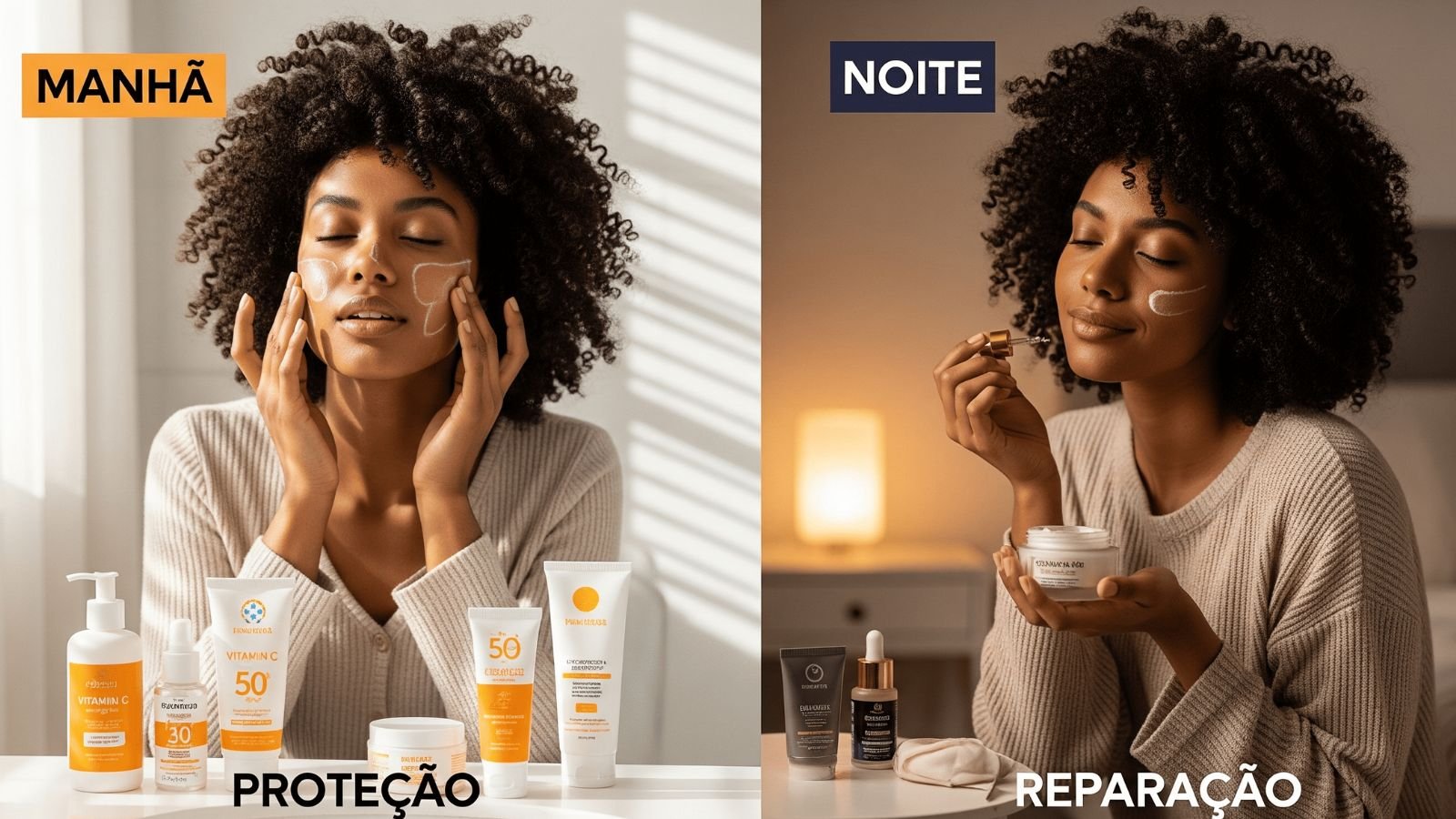 Rotina de skincare pele negra manhã vs noite: mulher negra brasileira aplicando vitamina C e protetor solar de dia, sérum reparador e hidratante à noite