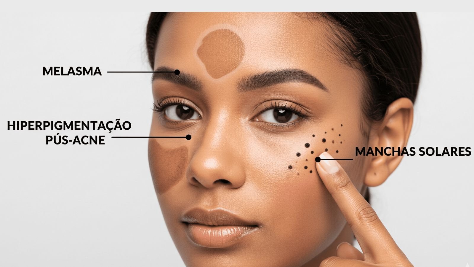 Tipos de hiperpigmentação na pele negra: mulher negra brasileira indicando melasma, hiperpigmentação pós-acne e manchas solares no rosto