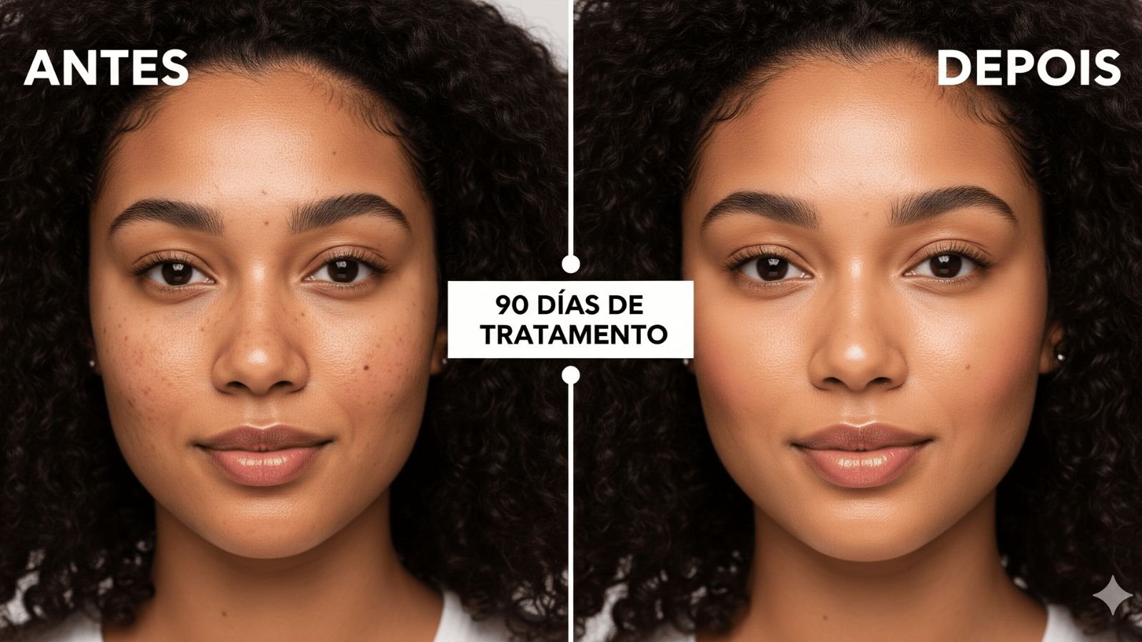 Skincare pele negra antes e depois: transformação em 90 dias mostrando redução de hiperpigmentação e uniformização do tom em mulher negra brasileira