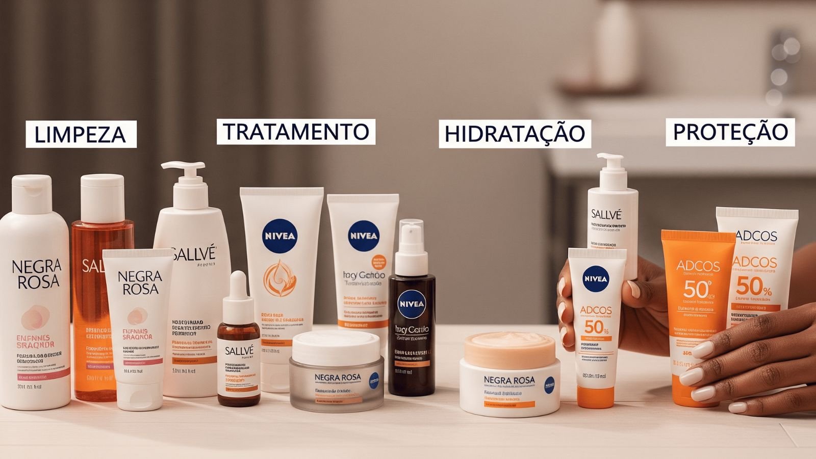 Melhores produtos brasileiros para pele negra organizados por categoria: limpeza, tratamento, hidratação e proteção com marcas Negra Rosa, Sallve, Nivea e ADCOS