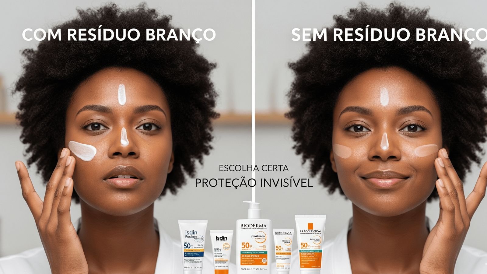 Protetor solar sem resíduo branco para pele negra: comparativo mostrando diferença entre protetor inadequado e protetor específico em mulher negra brasileira