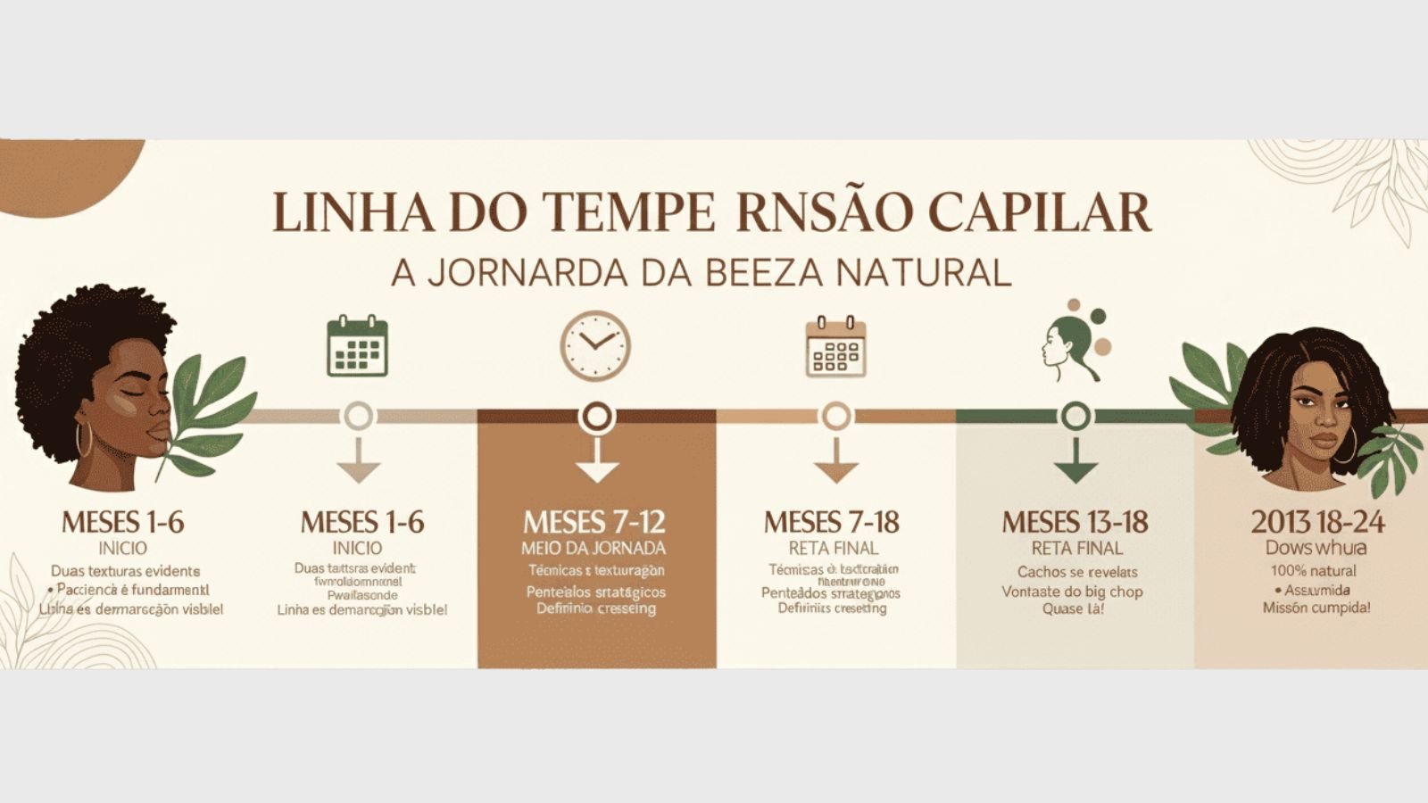 Timeline transição capilar para mulheres negras: linha do tempo mostrando 4 fases de 18-24 meses do cabelo alisado aos cachos naturais
