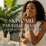 Skincare para pele negra: mulher negra brasileira aplicando rotina de cuidados em banheiro moderno com produtos especializados organizados na bancada