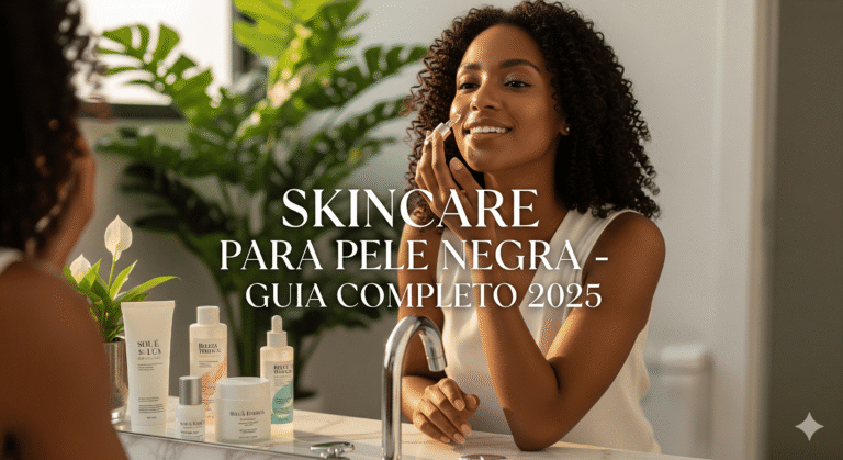 Skincare para pele negra: mulher negra brasileira aplicando rotina de cuidados em banheiro moderno com produtos especializados organizados na bancada