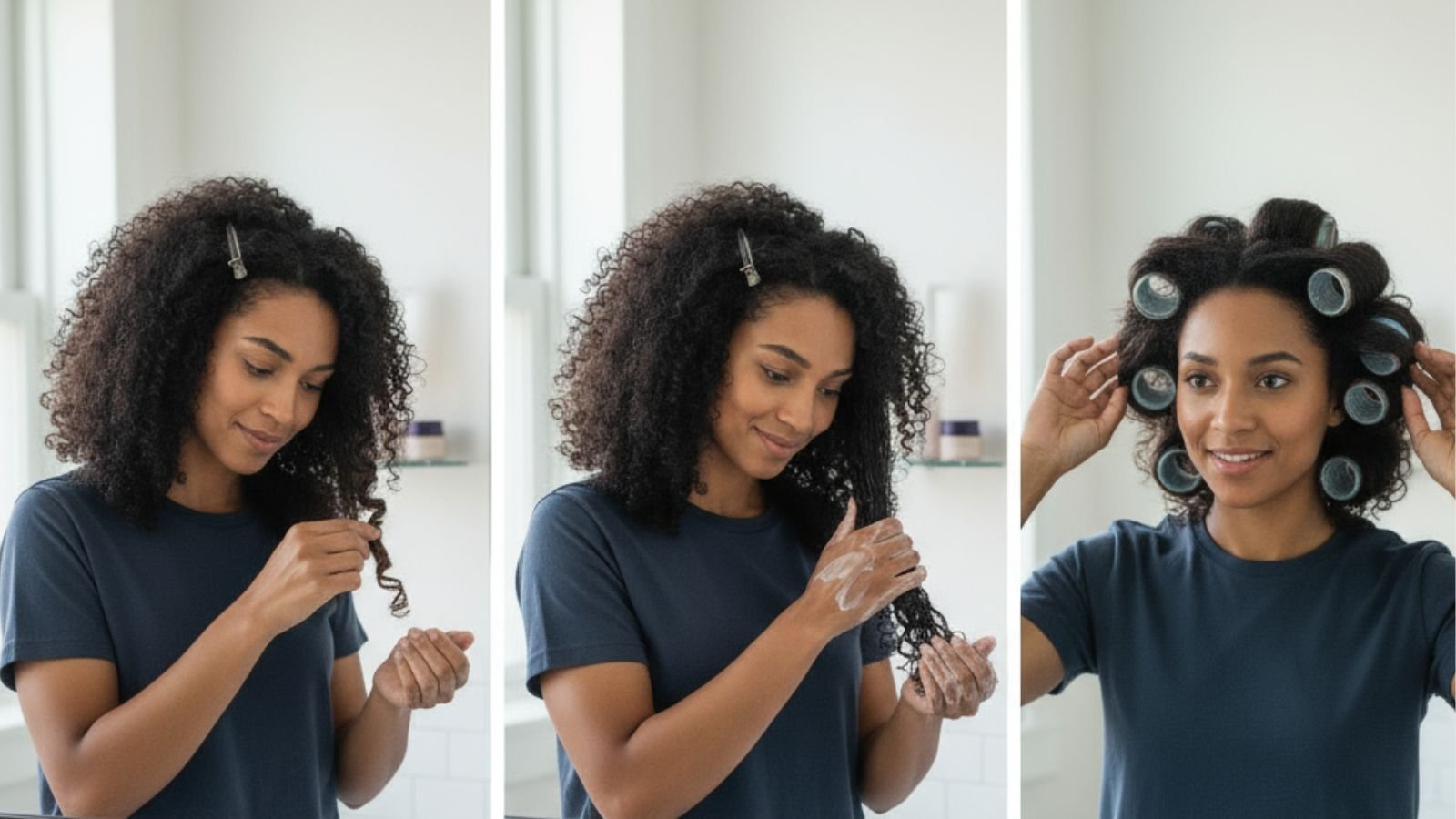 Passo a passo de texturização na transição capilar com bigudins, mostrando mulher negra enrolando mechas e aplicando creme para definir cachos, finalizando com bigudins no cabelo