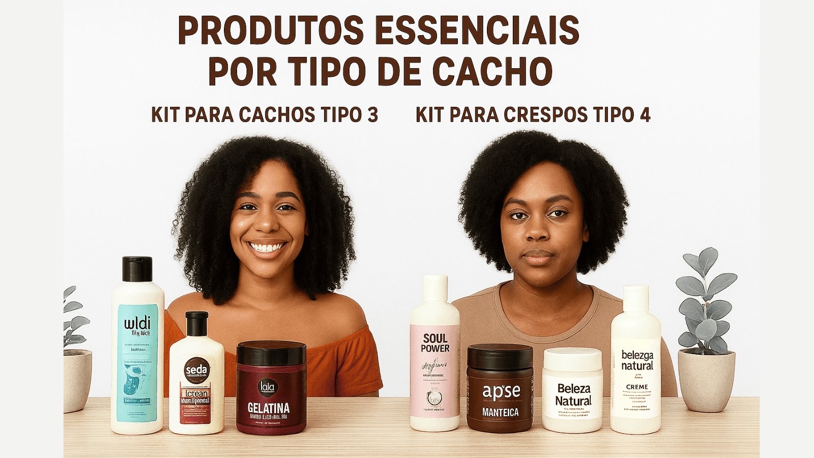 Vitrine de produtos essenciais para cabelo cacheado tipo 3 e crespo tipo 4, incluindo shampoo, condicionador, gelatina, manteiga capilar e creme de pentear de marcas brasileiras como Widi Care, Seda, Soul Power, Apse Cosmetics e Beleza Natural