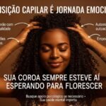 Mulher negra com cabelos cacheados em destaque, mãos tocando a cabeça, com frases sobre autoestima, ancestralidade, quebra de padrões e empoderamento durante a transição capilar, sobre fundo dourado