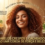 Mulher negra sorridente com cabelo crespo e cacheado volumoso, com luzes douradas, olhando para a câmera. A imagem é uma peça publicitária para uma linha de cosméticos, com frascos de produtos para cabelo ao seu redor, em um fundo com folhas tropicais e flores. A imagem contém textos como "Sua coroa, suas regras, seu ritual" e "Cabelos crespos e cacheados são uma coroa de força e beleza".