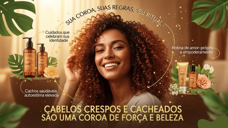 Mulher negra sorridente com cabelo crespo e cacheado volumoso, com luzes douradas, olhando para a câmera. A imagem é uma peça publicitária para uma linha de cosméticos, com frascos de produtos para cabelo ao seu redor, em um fundo com folhas tropicais e flores. A imagem contém textos como "Sua coroa, suas regras, seu ritual" e "Cabelos crespos e cacheados são uma coroa de força e beleza".