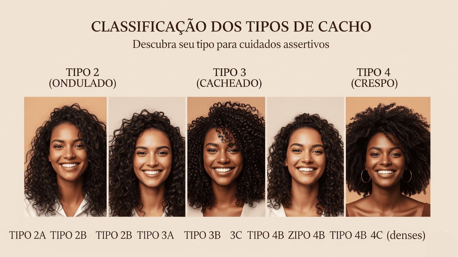 Classificação completa dos tipos de cacho 2A a 4C mostrando cinco mulheres negras brasileiras com diferentes texturas capilares: ondulado tipo 2, cacheado tipo 3 e crespo tipo 4, para identificação e cuidados específicos