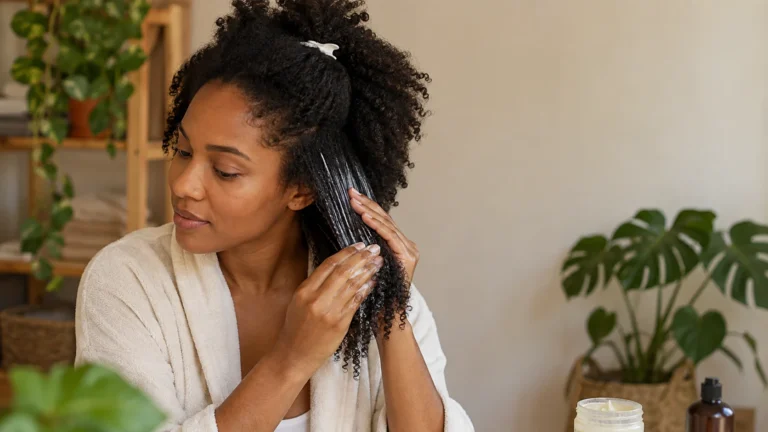Mulher negra de cabelo crespo aplicando creme em uma seção do cabelo enquanto desembaraça com os dedos.