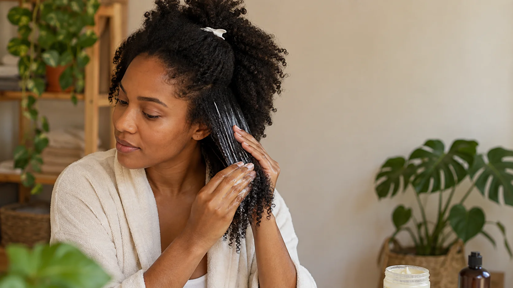 Mulher negra escovando cabelo cacheado para cronograma capilar